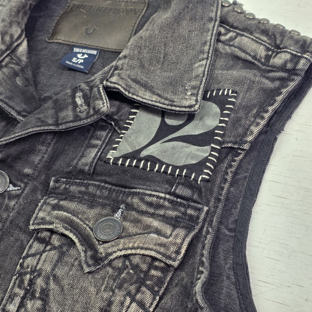 True Religion Distressed Jimmy Western Denim Vest Jacket Black Concrete Men's S - Picture 7 of 16